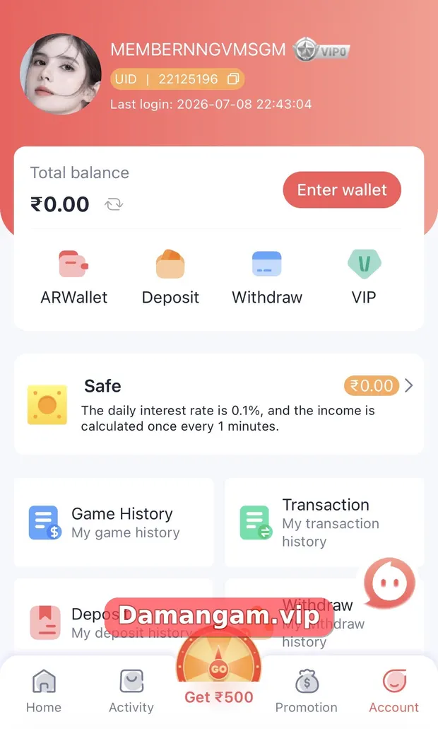 Daman account wallet page showing UID, VIP level, total balance, ARWallet, Deposit and Withdraw