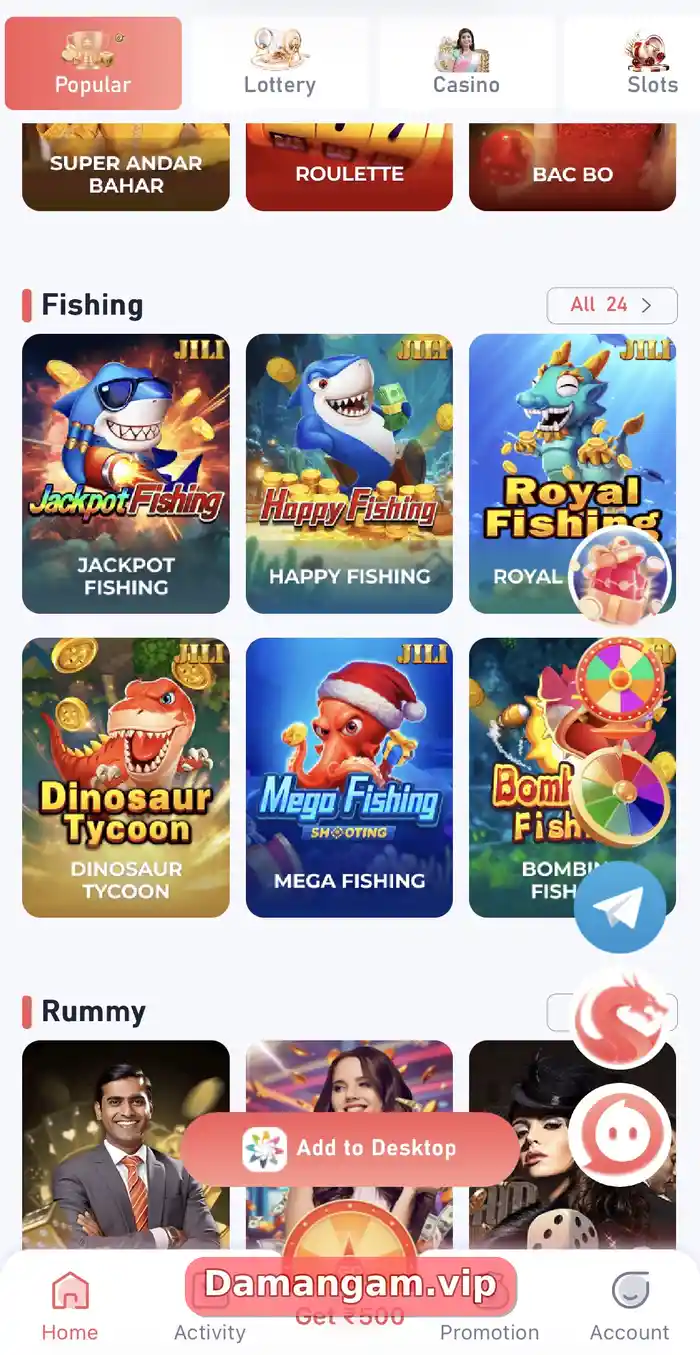 Daman rummy and fishing games including 365 Rummy, Poker, Jackpot Fishing and Royal Fishing