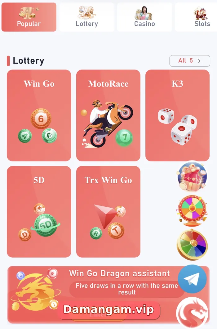 Daman lottery games page showing Win Go, MotoRace, K3, 5D and Trx Win Go
