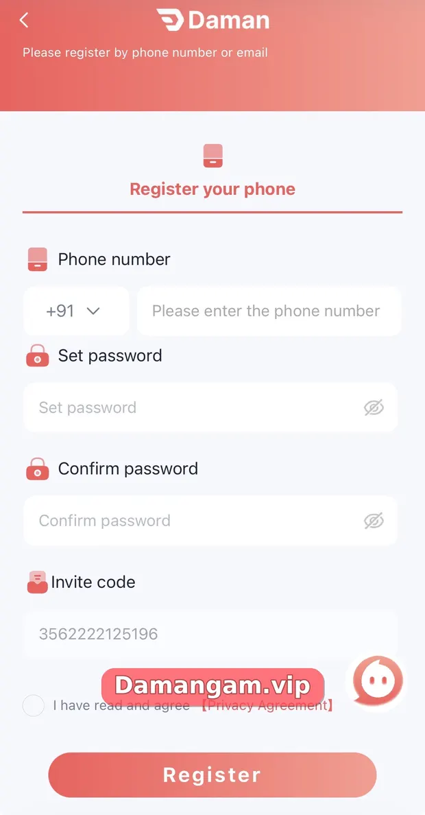 Daman register page with phone number, set password, confirm password and invite code fields