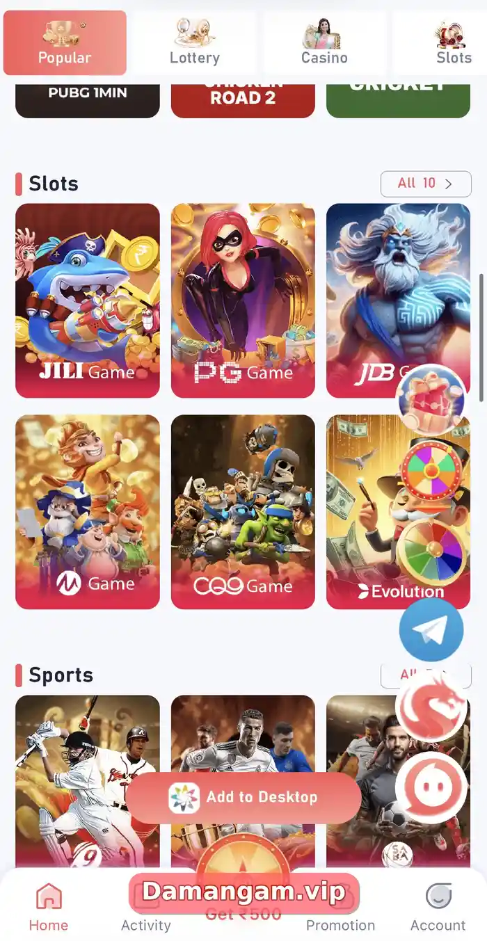 Daman slots and sports page featuring JILI, PG, JDB, CQ9 and Evolution games